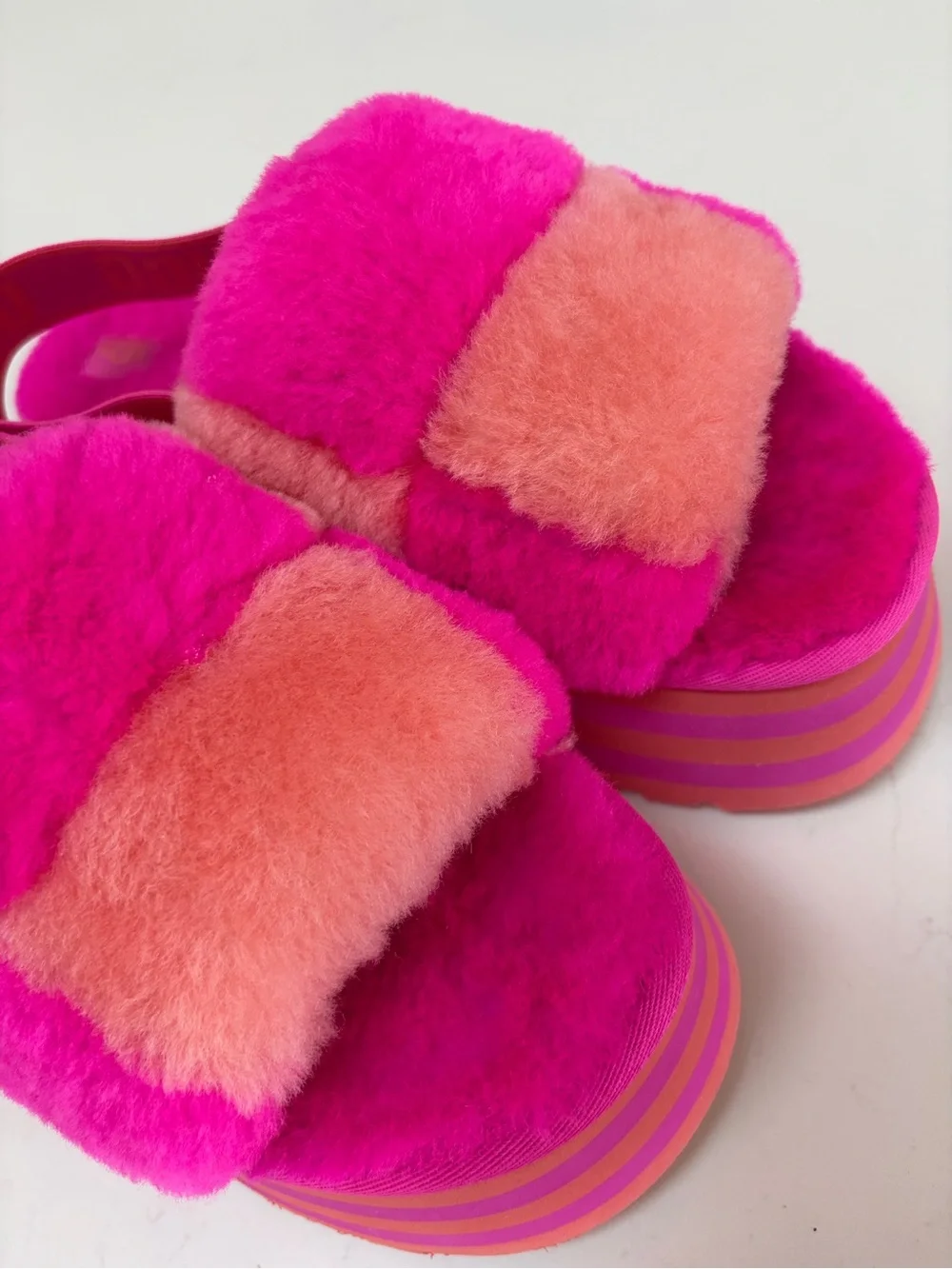 New Ugg Plush Slide Sandals in Bright Pink and Orange
